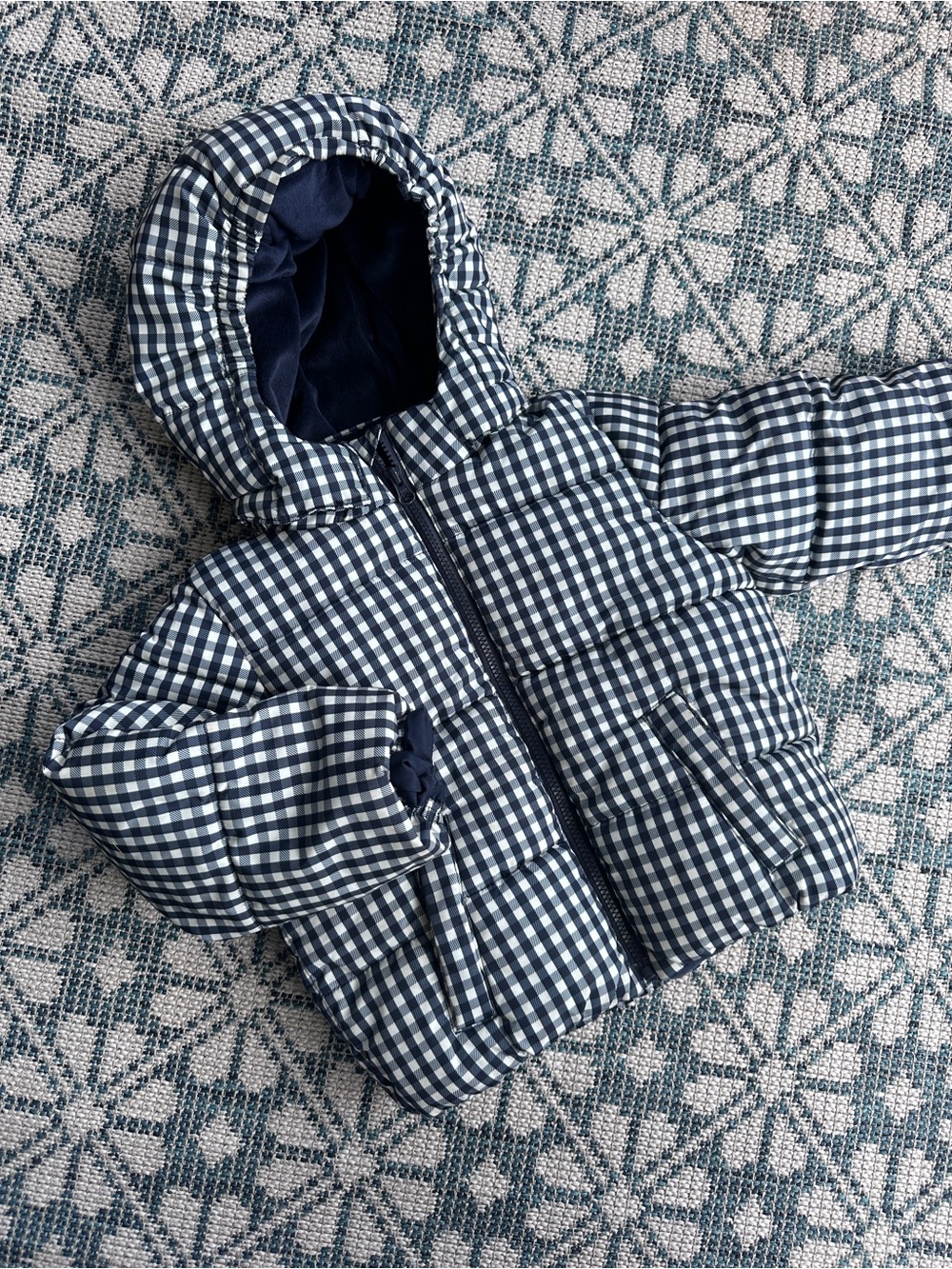 Sofia Grainge x Amazon Essentials Navy & White Gingham Puffer Hooded Jacket